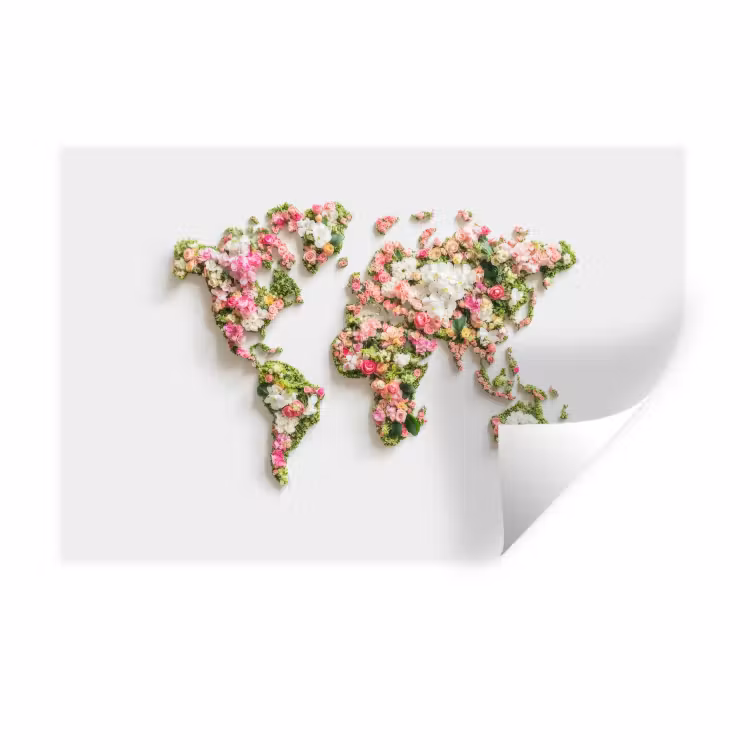 Wereldkaart - Bloemen - Subtiel Muursticker klein -3d