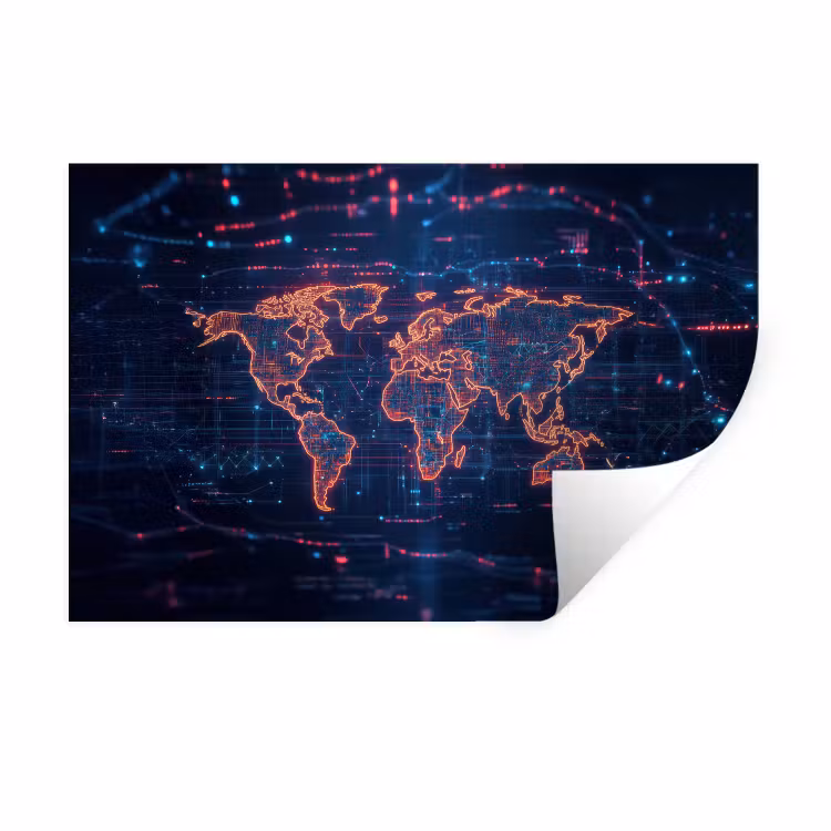Wereldkaart - Futuristisch - Oranje Muursticker klein -3d