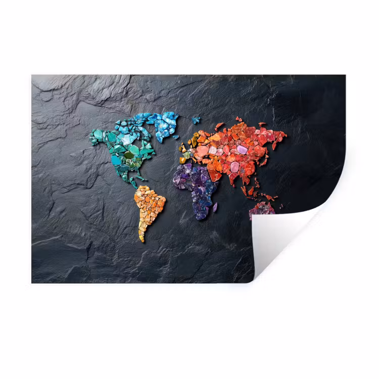 Wereldkaart - Edelstenen - Regenboog - Ruw Muursticker klein -3d