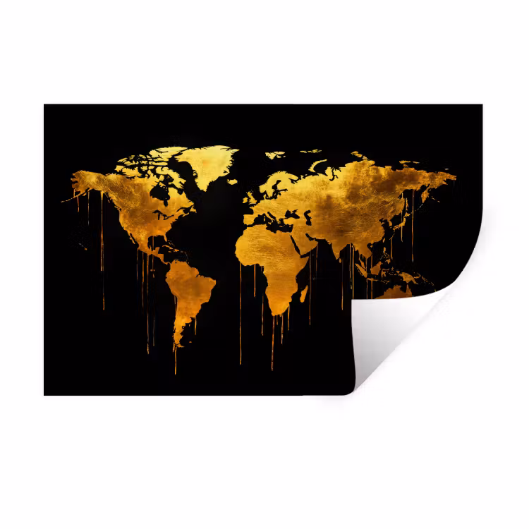 Wereldkaart - Goud - Druipen - Zwart Muursticker klein -3d
