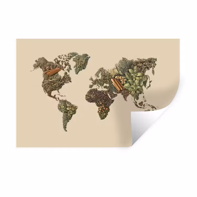 Wereldkaart - Kruiden - Kleurrijk Muursticker klein -3d