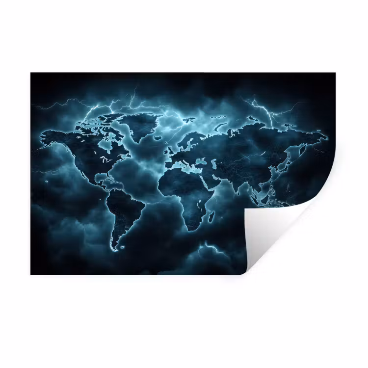 Wereldkaart - Bliksem - Blauw Muursticker klein -3d
