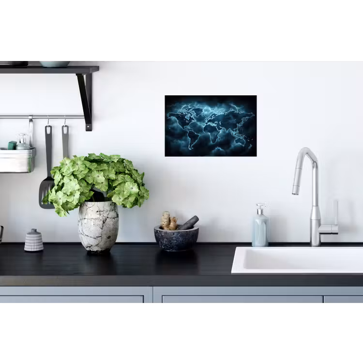 Wereldkaart - Bliksem - Blauw Muursticker klein -keuken