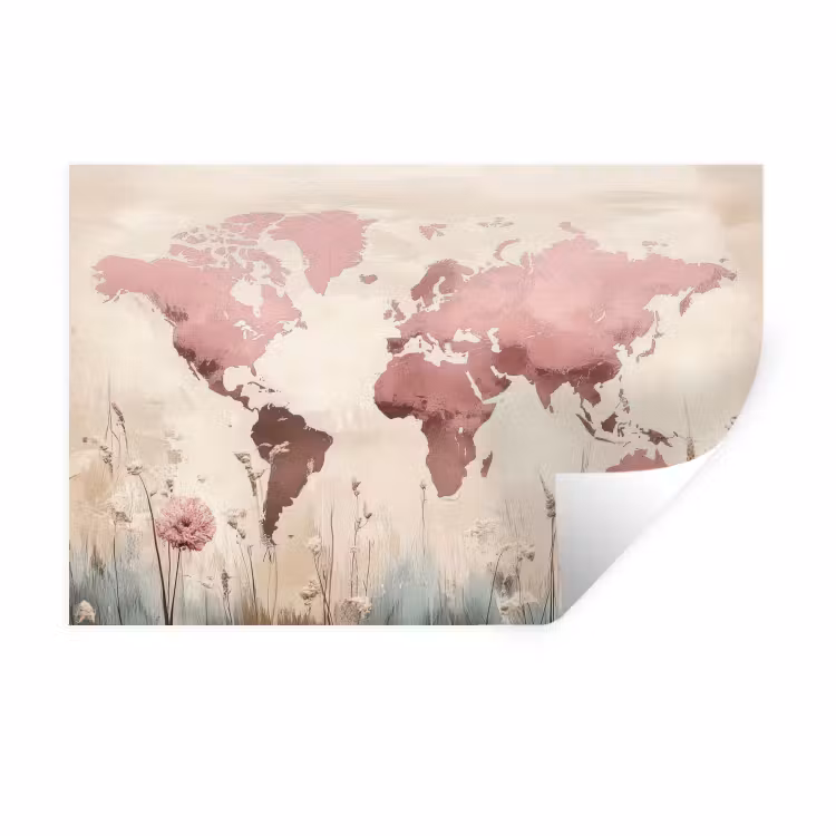 Wereldkaart - Roze - Bloemen Muursticker klein -3d