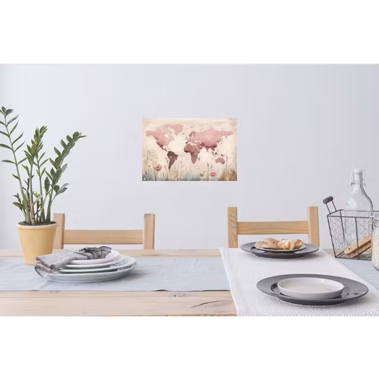 Wereldkaart - Roze - Bloemen Muursticker klein -eettafel