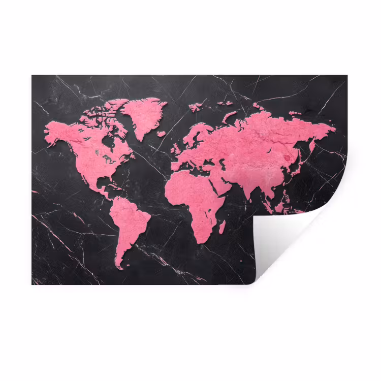 Wereldkaart - Roze - Marmer Muursticker klein -3d