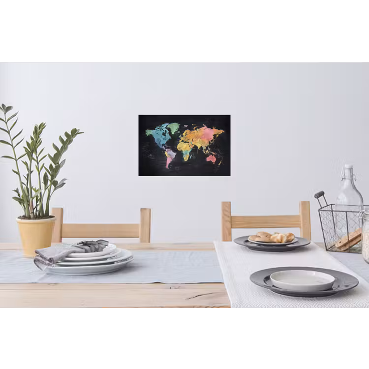 Wereldkaart - Krijtstrepen - Regenboog Muursticker klein -eettafel