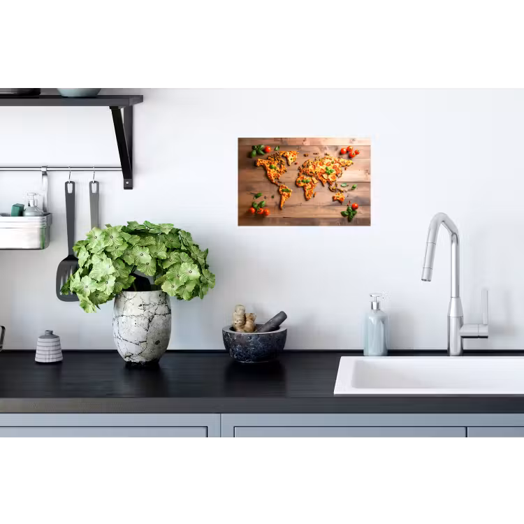 Wereldkaart - Pizza - Houten ondergrond Muursticker klein -keuken