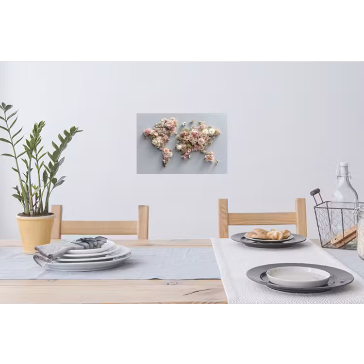 Wereldkaart - Rozen - Roze Muursticker klein -eettafel
