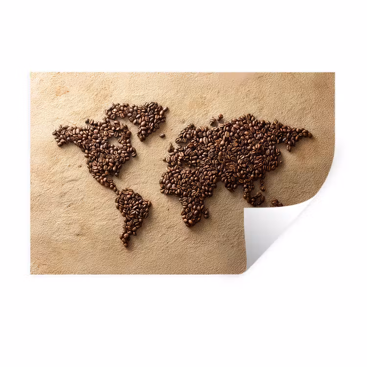 Wereldkaart - Zandkleur - Koffiebonen Muursticker klein -3d