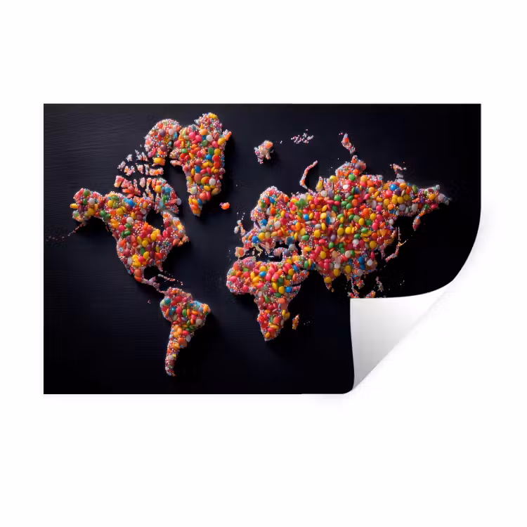Wereldkaart - Snoepjes - Felle kleuren Muursticker klein -3d