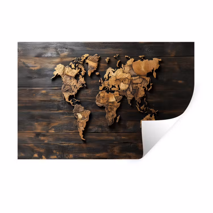 Wereldkaart -  Hout - Mozaïek Muursticker klein -3d