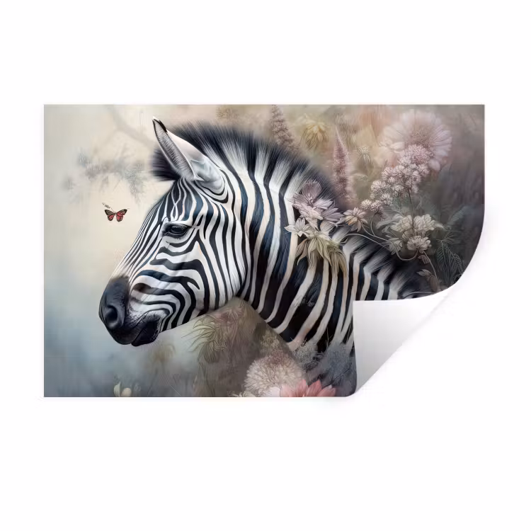 Zebra - Wilde dieren - Vlinder - Bloemen Muursticker klein -3d