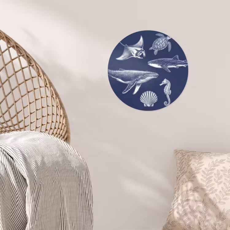 Dieren - Zeeleven - Oceaan - Graveren - Blauw Wandcirkel behangsticker klein -sfeer4