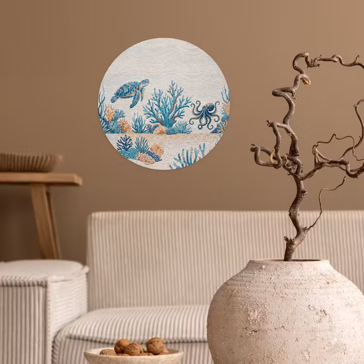 Dieren - Onderwater - Natuur - Mozaïek - Blauw Wandcirkel behangsticker klein -sfeer1