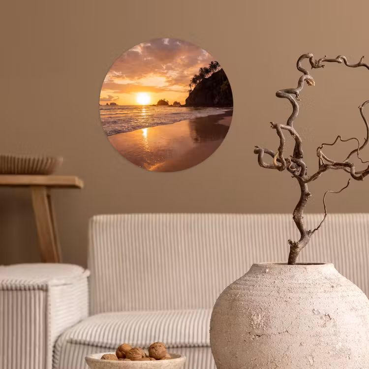 Strand - Zonsondergang - Natuur - Tropisch - Oranje Wandcirkel behangsticker klein -sfeer1