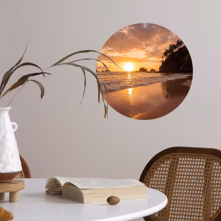 Strand - Zonsondergang - Natuur - Tropisch - Oranje Wandcirkel behangsticker klein -sfeer3