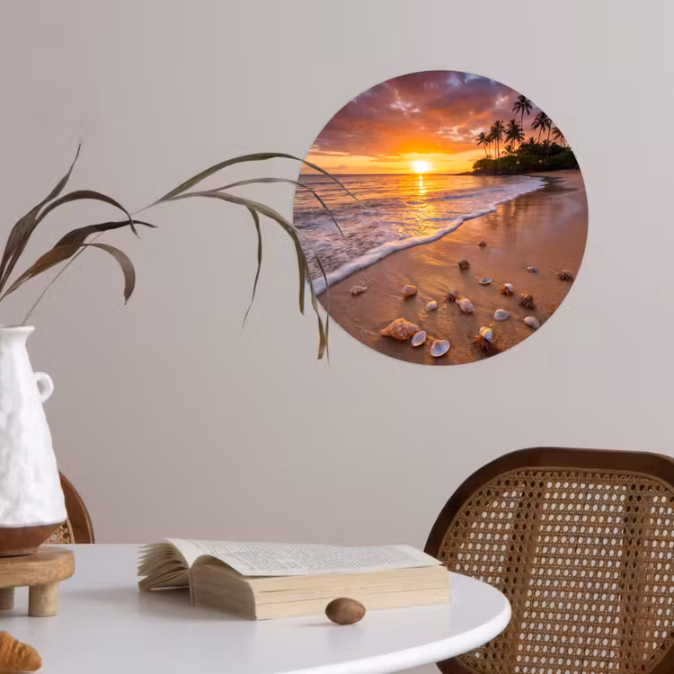 Strand - Zonsondergang - Palmbomen - Natuur - Oranje Wandcirkel behangsticker klein -sfeer3