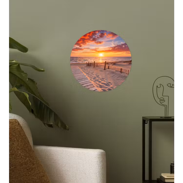 Strand - Zonsondergang - Zee - Natuur - Oranje Wandcirkel behangsticker klein -sfeer2