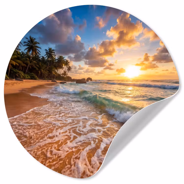 Strand - Zonsondergang - Golven - Natuur - Goud Wandcirkel behangsticker klein -3d