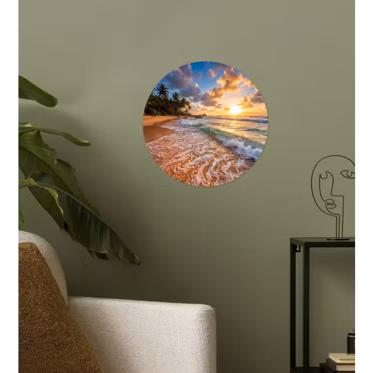 Strand - Zonsondergang - Golven - Natuur - Goud Wandcirkel behangsticker klein -sfeer2