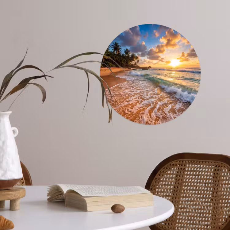 Strand - Zonsondergang - Golven - Natuur - Goud Wandcirkel behangsticker klein -sfeer3