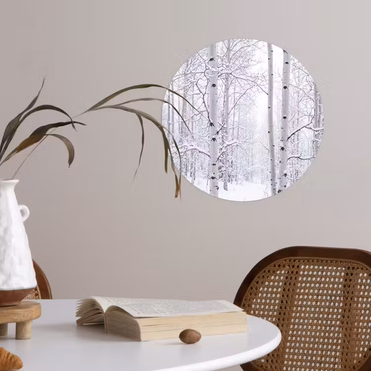 Berkenbomen - Sneeuw - Winter - Bos - Wit Wandcirkel behangsticker klein -sfeer3