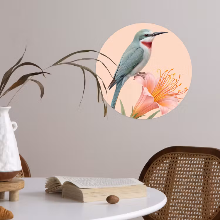Vogel - Bloem - Natuur - Roze Wandcirkel behangsticker klein -sfeer3
