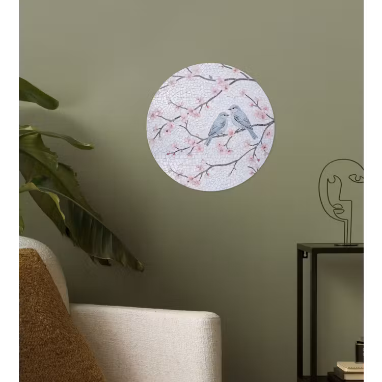 Vogel - Bloemen - Natuur - Mozaïek - Roze Wandcirkel behangsticker klein -sfeer2