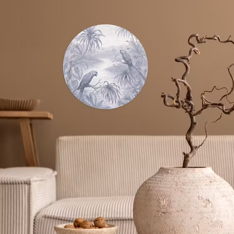 Vogel - Rivier - Tropisch - Illustratie - Blauw Wandcirkel behangsticker klein -sfeer1