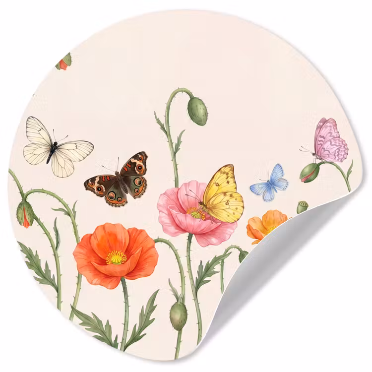 Vlinders - Klaprozen - Illustratie - Kleurrijk Wandcirkel behangsticker klein -3d