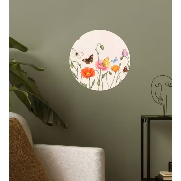 Vlinders - Klaprozen - Illustratie - Kleurrijk Wandcirkel behangsticker klein -sfeer2