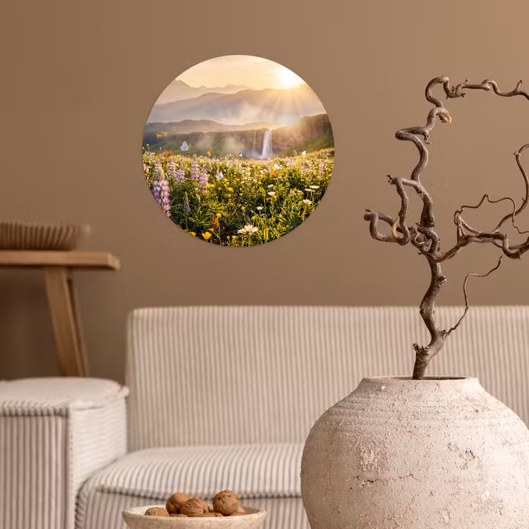 Vlinders - Waterval - Bloemenveld Wandcirkel behangsticker klein -sfeer1