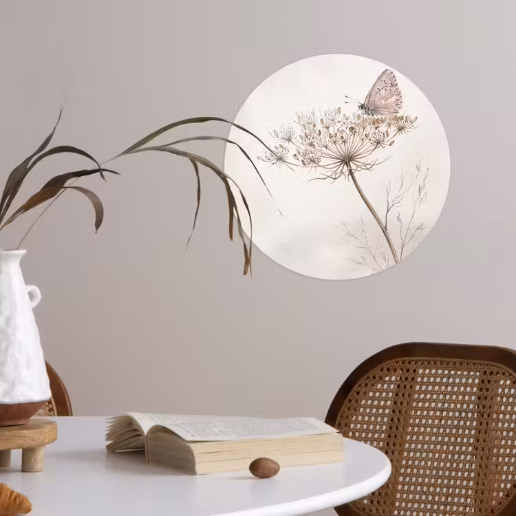 Vlinder - Bloem -Natuur - Beige Wandcirkel behangsticker klein -sfeer3