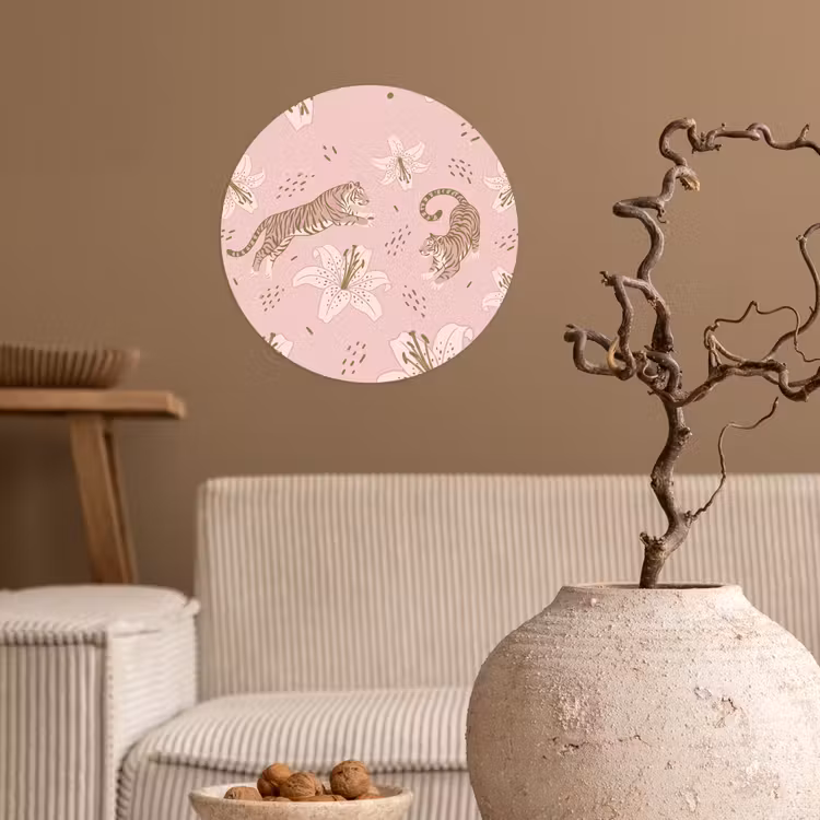 Kat - Springend - Bloemen - Abstract - Roze Wandcirkel behangsticker klein -sfeer1