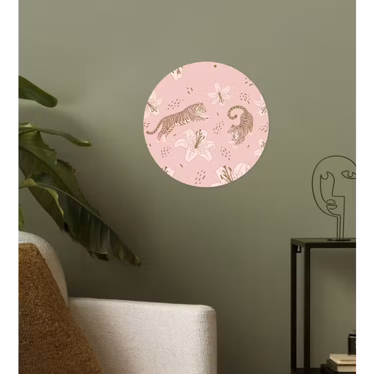 Kat - Springend - Bloemen - Abstract - Roze Wandcirkel behangsticker klein -sfeer2