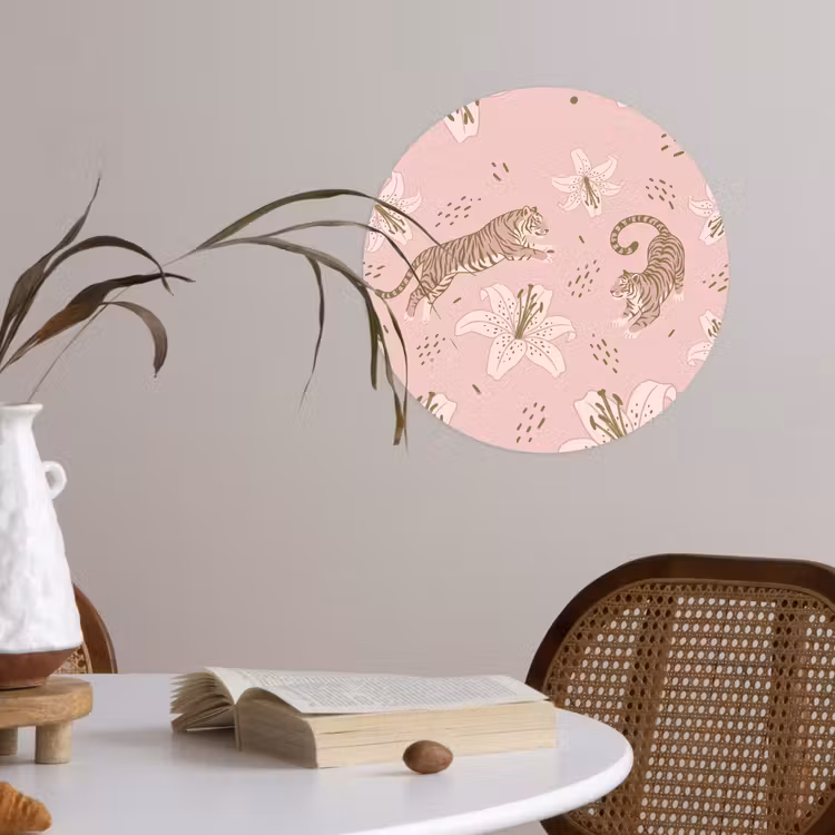 Kat - Springend - Bloemen - Abstract - Roze Wandcirkel behangsticker klein -sfeer3