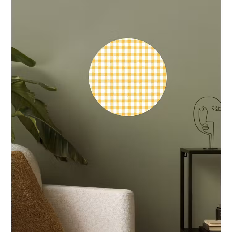 Ruit - Gingham - Klassiek - Geel en Wit Wandcirkel behangsticker klein 186 -sfeer2