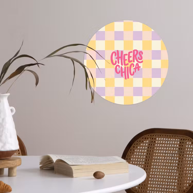 Cheers Chica - Ruitjes - Lila - Geel Wandcirkel behangsticker klein -sfeer3