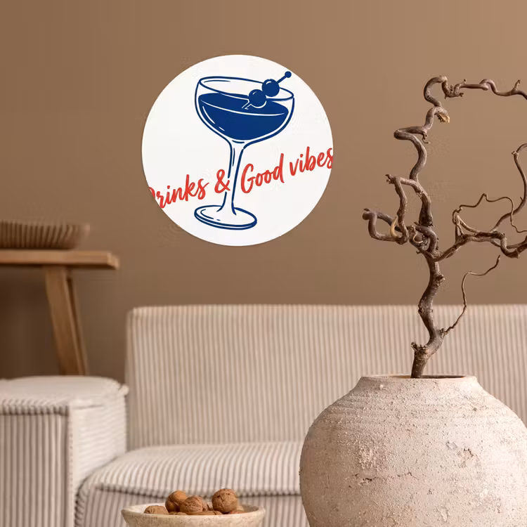 Cocktail - Glas - Illustratie - Blauw - Wit Wandcirkel behangsticker klein -sfeer1