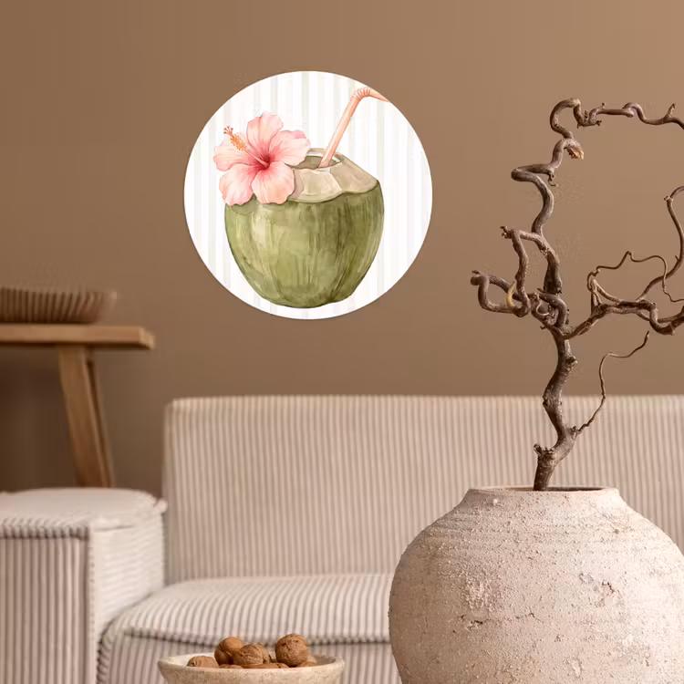 Kokosnoot - Drank - Tropisch - Illustratie - Zomer Wandcirkel behangsticker klein -sfeer1
