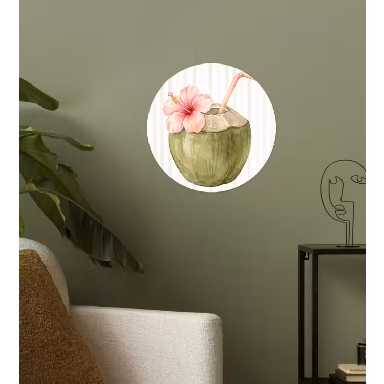 Kokosnoot - Drank - Tropisch - Illustratie - Zomer Wandcirkel behangsticker klein -sfeer2