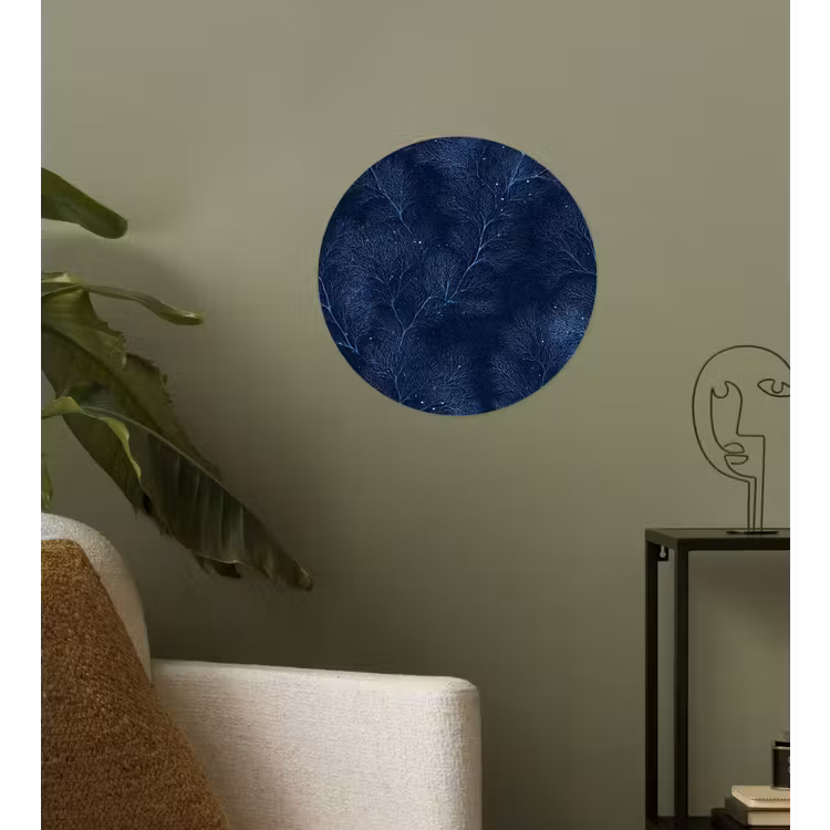 Koraal - Takken - Patroon - Nachtblauw Wandcirkel behangsticker klein 186 -sfeer2