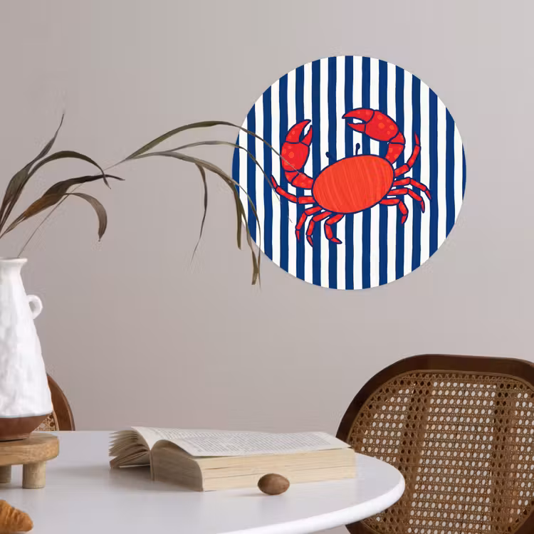 Krab - Strepen - Zeeleven - Illustratie - Rood Wandcirkel behangsticker klein -sfeer3