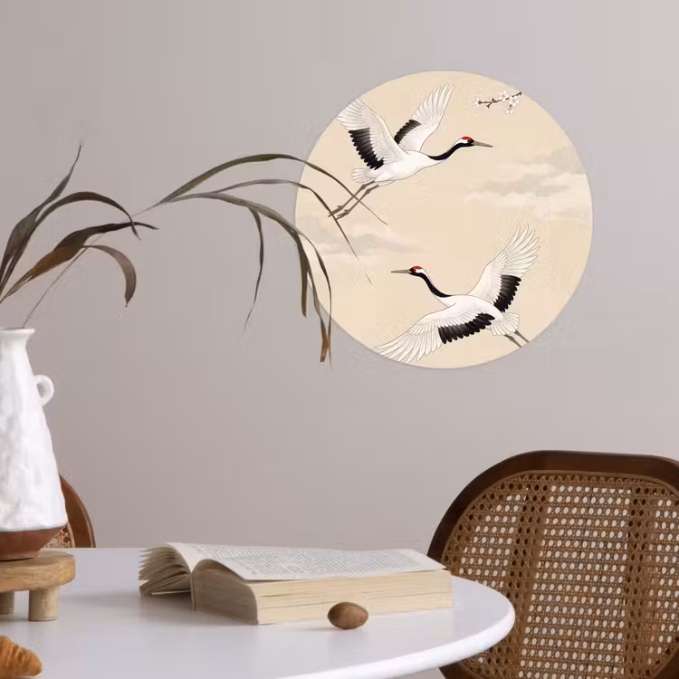 Kraanvogels - Bloesem - Beige Wandcirkel behangsticker klein -sfeer3