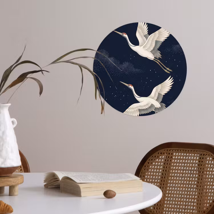 Kraanvogels - Nachthemel - Blauw Wandcirkel behangsticker klein -sfeer3