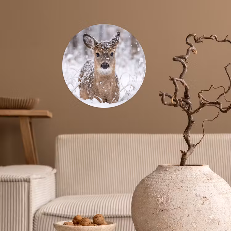 Hert - Sneeuw - Bos - Dieren - Vertederend Wandcirkel behangsticker klein -sfeer1