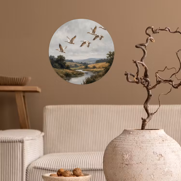 Eenden - Rivier - Landschap - Vlucht - Nostalgisch Wandcirkel behangsticker klein -sfeer1