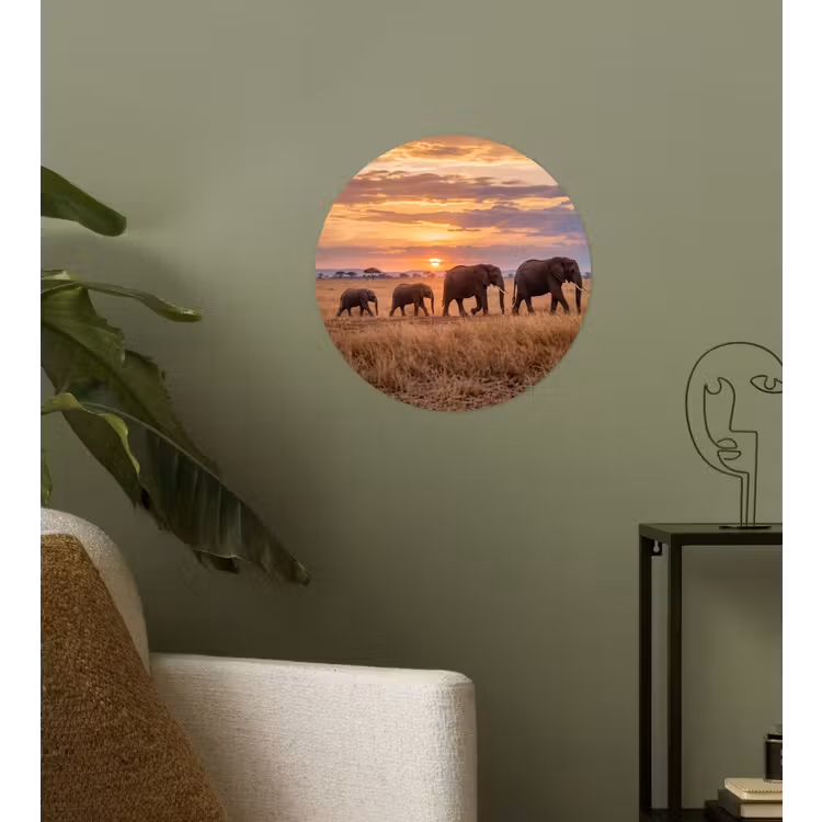 Olifanten - Savanne - Zonsondergang - Afrika - Warm Wandcirkel behangsticker klein -sfeer2