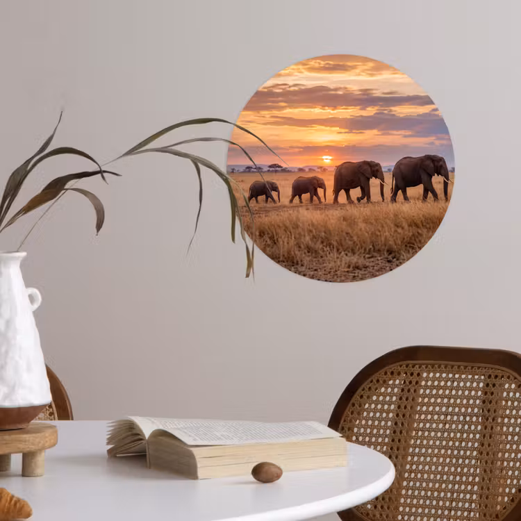 Olifanten - Savanne - Zonsondergang - Afrika - Warm Wandcirkel behangsticker klein -sfeer3